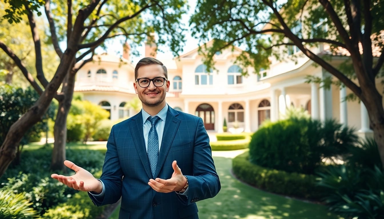 Real Estate agent showcasing a luxury property to clients in an elegant setting.