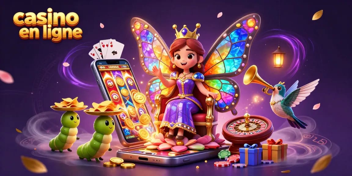 Jouez à des jeux captivants sur casino en ligne avec une reine papillon au trône coloré.
