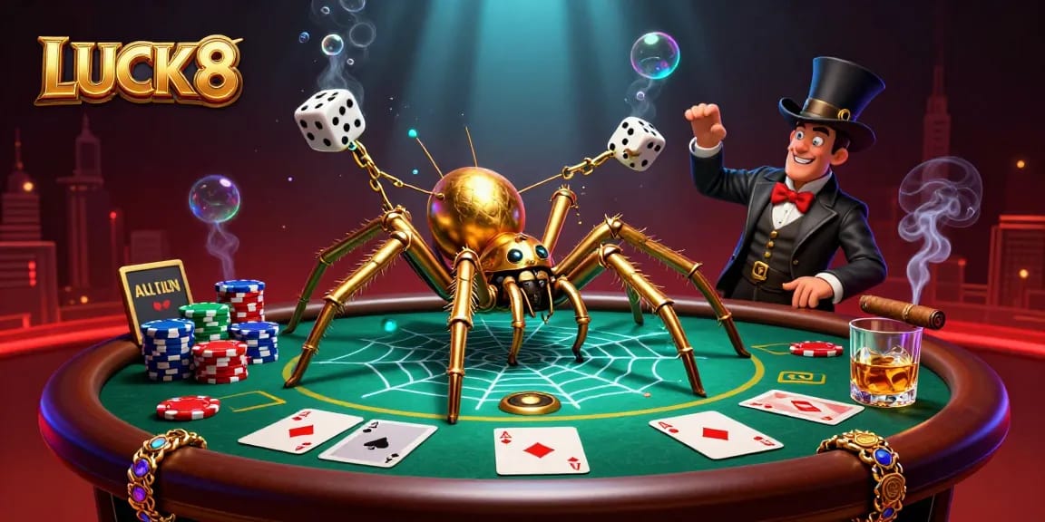 Engage with LUCK8 in a vibrant casino scene, featuring a golden steampunk spider and poker elements.