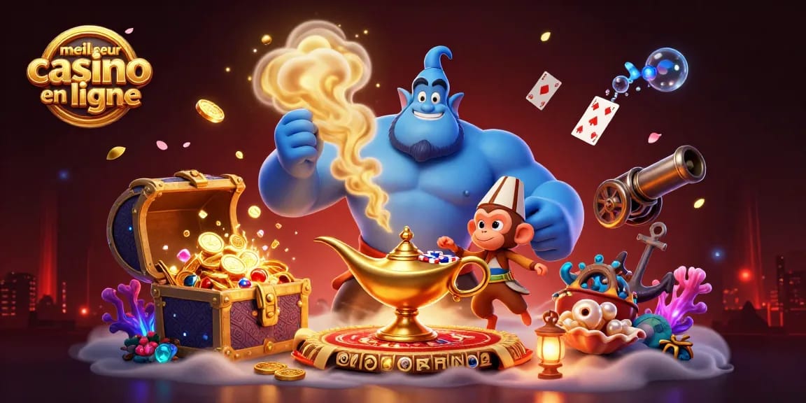 Découvrez le meilleur casino en ligne à travers une scène dynamique avec un génie et des cartes volantes.