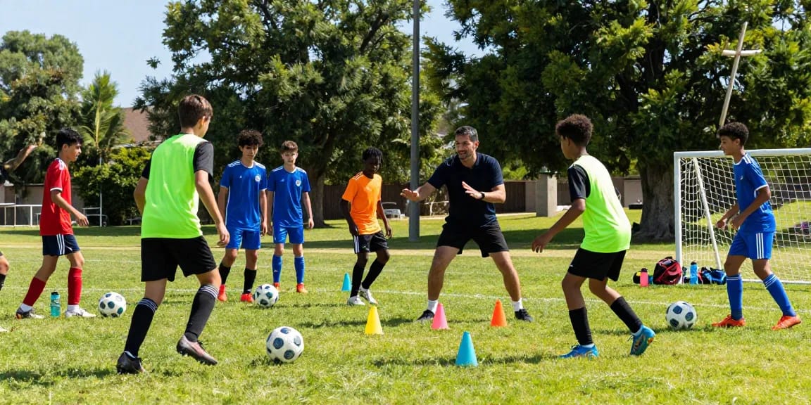 This page showcases young soccer players in training drills emphasizing teamwork.