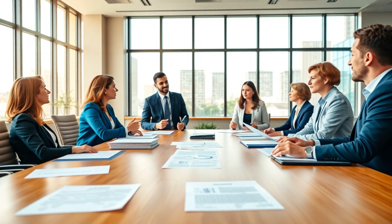 Discussing contracts and grants in a modern office with professionals collaborating.