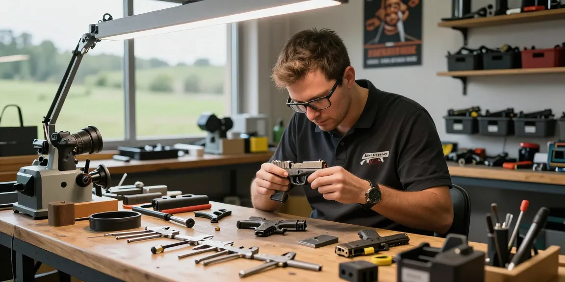 Precision Glock slides at https://precisionglockslides.com being expertly fitted, showcasing quality craftsmanship and customization in a workshop.