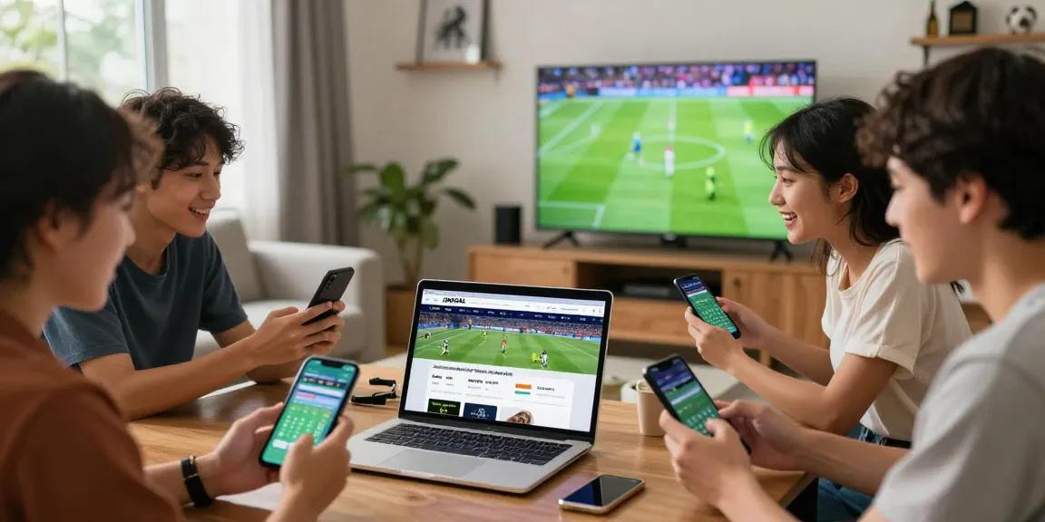 A group of friends strategically discussing their Agen Parlay Idngoal betting options on a laptop in a cozy living room, showcasing live sports action.