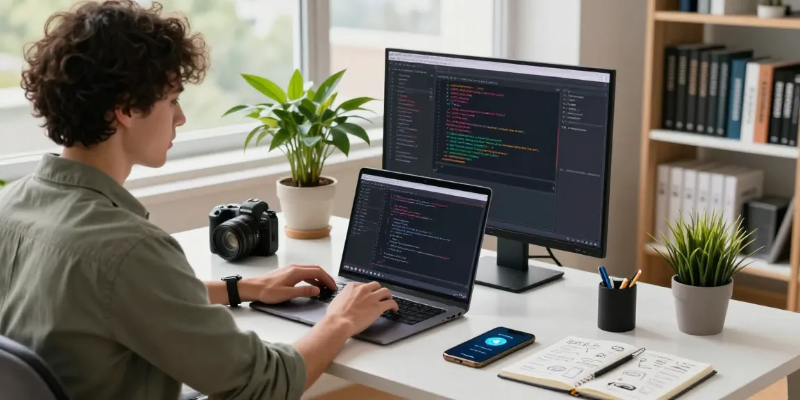 Dynamic workspace showcasing a developer working on telegram官网 integration, with code on screens and modern tech accessories.