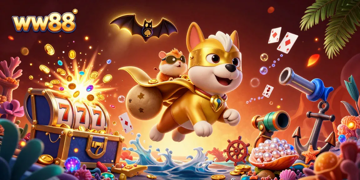Engaging scene of the ww88 casino adventure featuring a superhero dog and sidekick amidst slot reels and treasures.