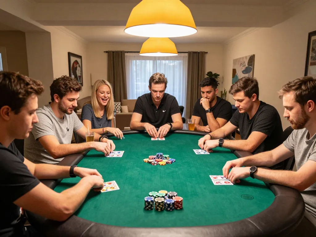 Players enjoying an intense poker game at home, showcasing jmb88's social gambling atmosphere.