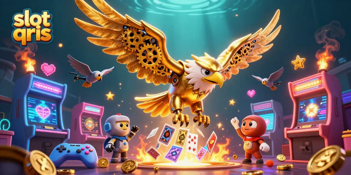 Experience the thrill of slot qris with a cybernetic eagle soaring through vibrant holographic cards.