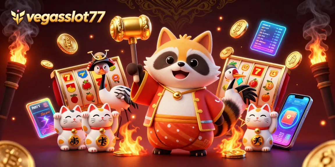 Experience excitement with vegasslot77 as tanuki and friends celebrate wins in a vibrant online gambling scene.