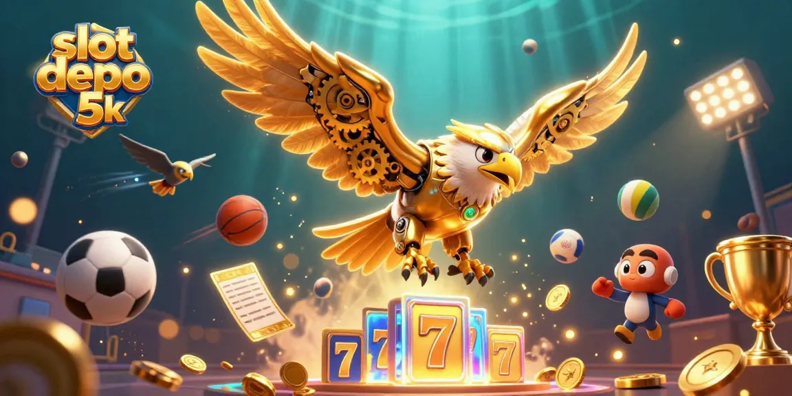Engage with slot depo 5k through dynamic 3D illustration showcasing vibrant casino elements and characters.