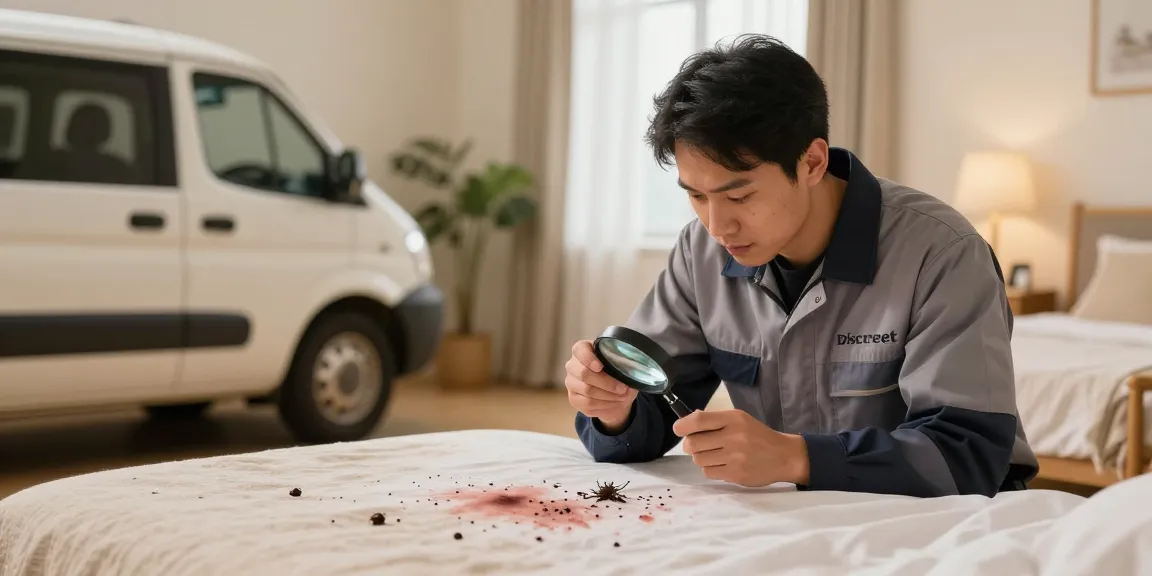 bed bug exterminator inspecting a bedroom for signs of infestation, ensuring confidential and effective treatment.