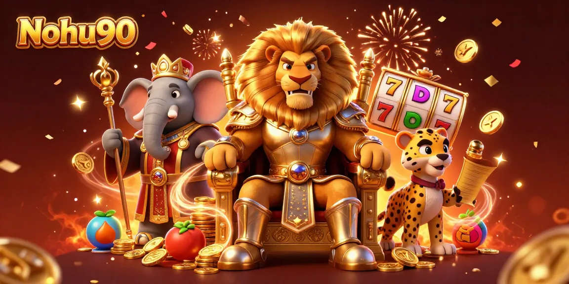 Nohu90 showcases a heroic lion king and allies amidst slot reels and festive elements for gamblers.