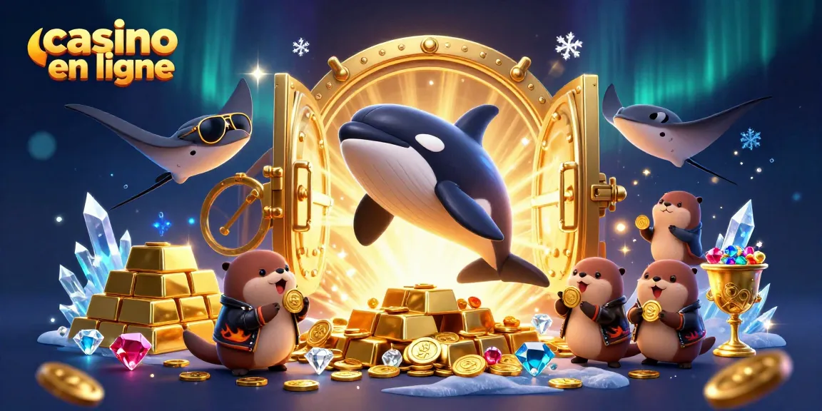 Jouez au casino en ligne avec des otaries et une orque, entouré de richesses scintillantes.