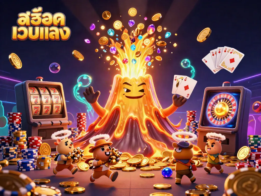 Engage with the vibrant สล็อตเว็บตรง scene depicting a golden volcano erupting coins and treasures, surrounded by dynamic casino elements.