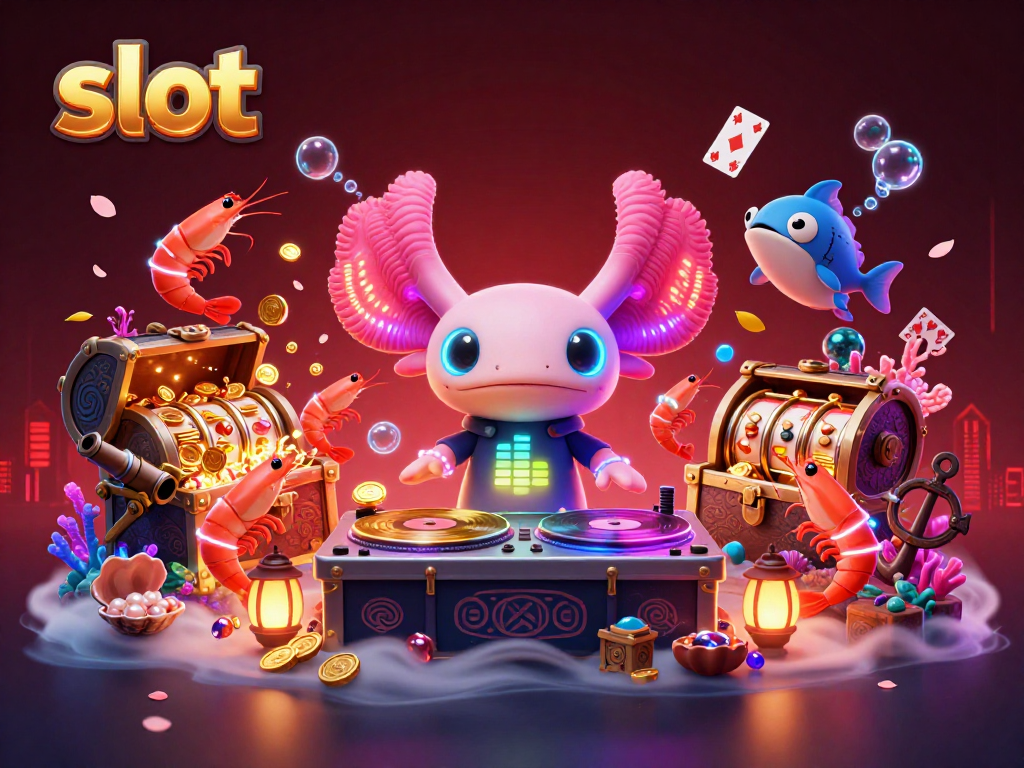 Experience vibrant slot action with an axolotl DJ and friends in this colorful underwater scene.