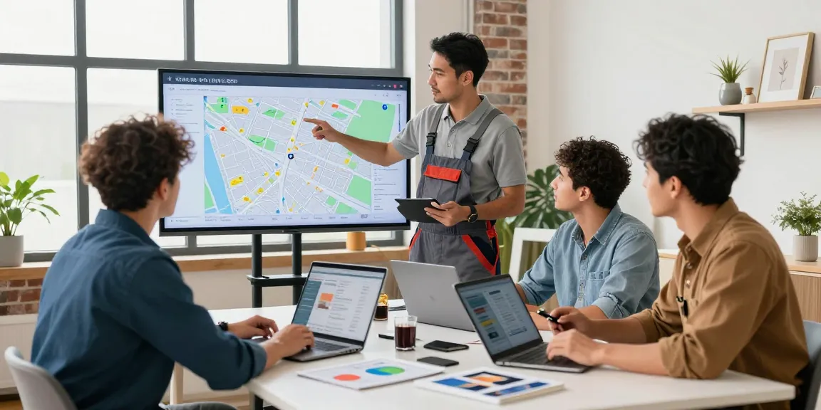 Team of contractors strategizing Local SEO for contractors in a modern office.
