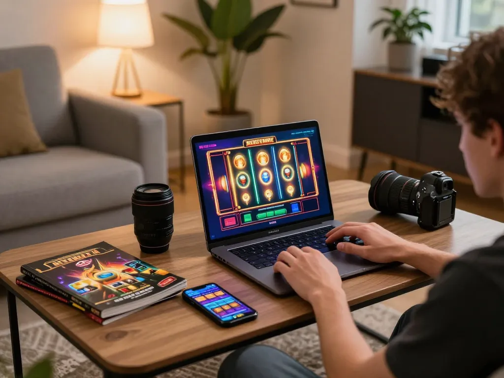 Experience F168 online gaming with a player spinning slot reels in a cozy living room