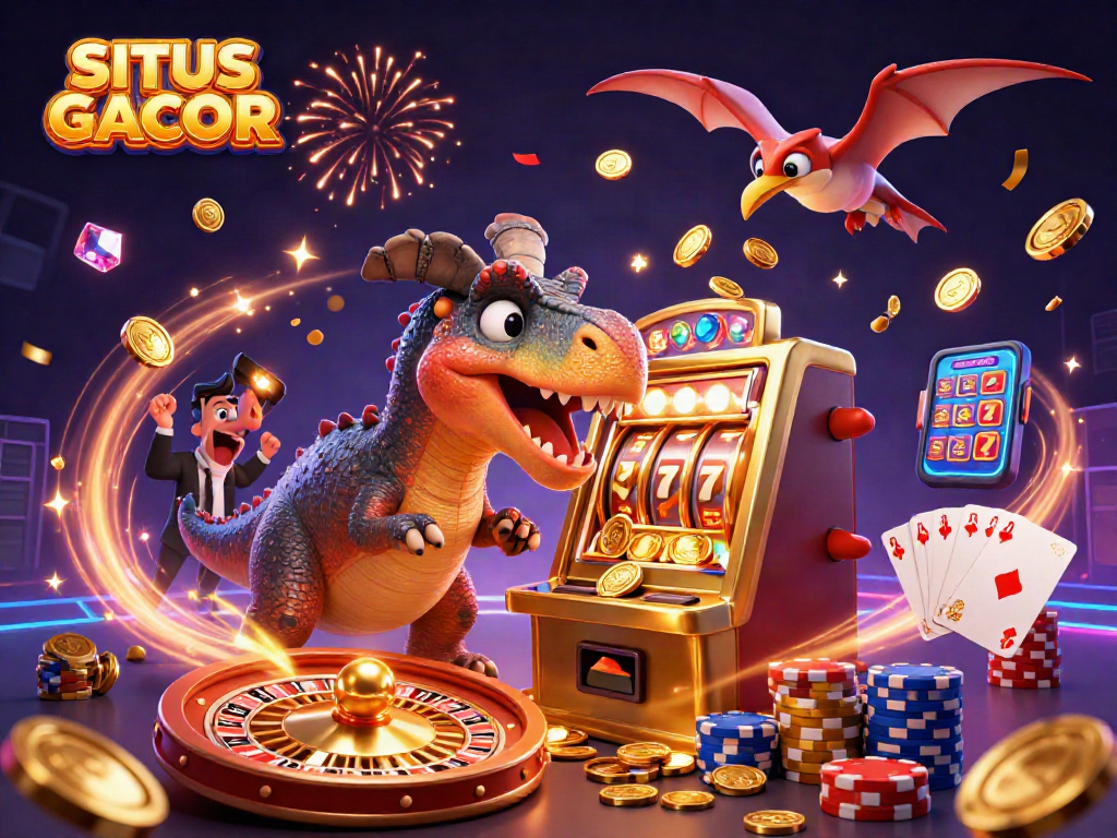 SITUS GACOR action scene featuring dinosaurs at a casino with jackpots and sparkling gems.