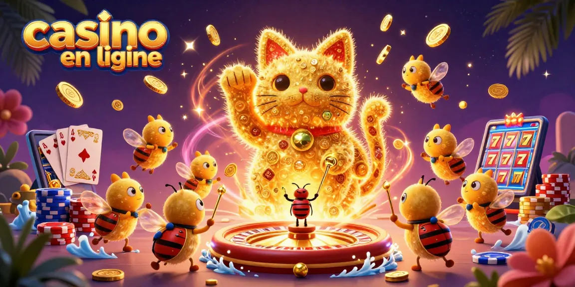 Gagnez avec le casino en ligne : illustration animée d'un chat porte-bonheur et symboles de casino.