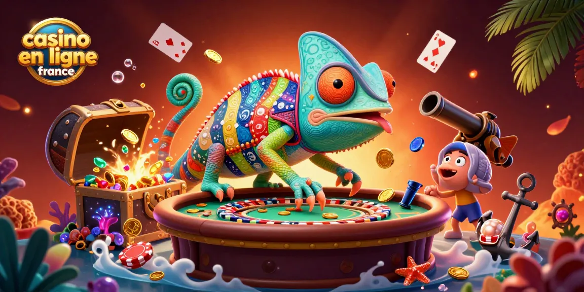 Le chameleon propriétaire de casino en ligne France attrape des pièces d'or tout en surveillant les tables de jeux.