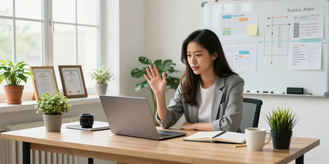 Self-employed consultant in a modern home office during a video call, showcasing a well-organized workspace.