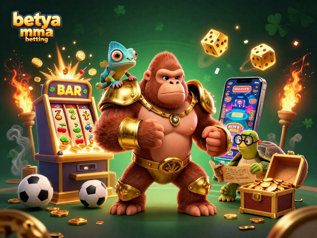Betya MMA betting illustration with a gorilla, chameleon, and tortoise in a dynamic casino scene.