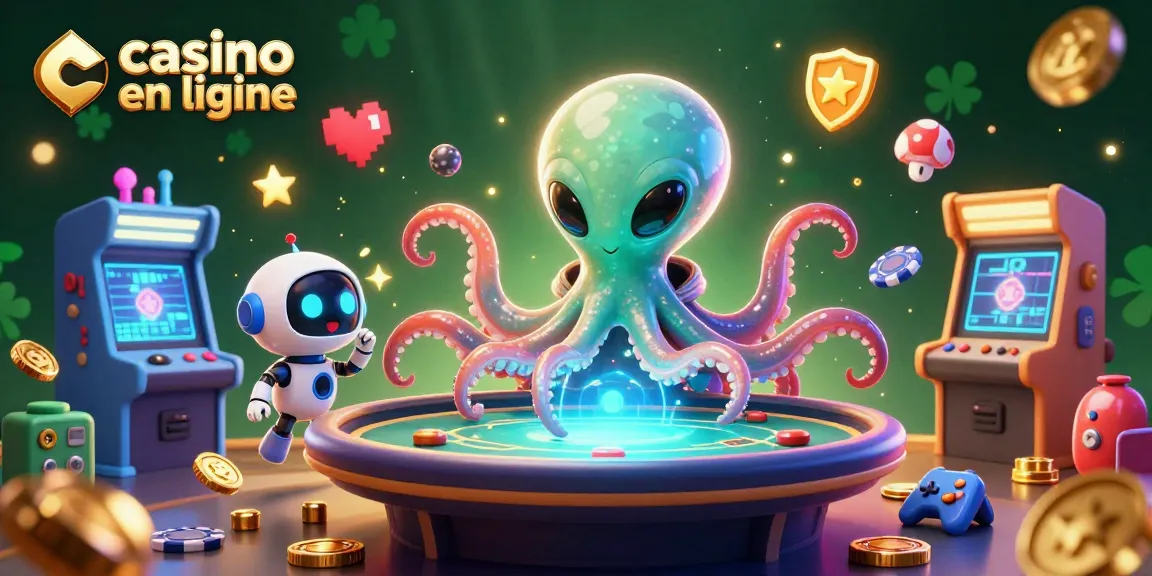 Jouez sur un casino en ligne avec une illustration captivante d'un poulpe alien à une table de poker holographique.