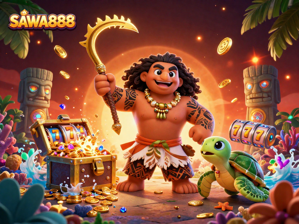 Spin big wins with SAWA888's vibrant 3D illustration showcasing exciting slot games.