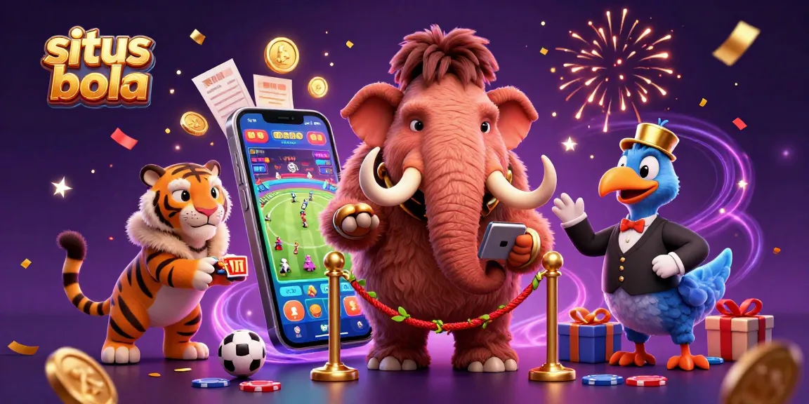 Situs bola showcases dynamic sports betting with a vibrant 3D bouncer and characters at a fantastical casino door.