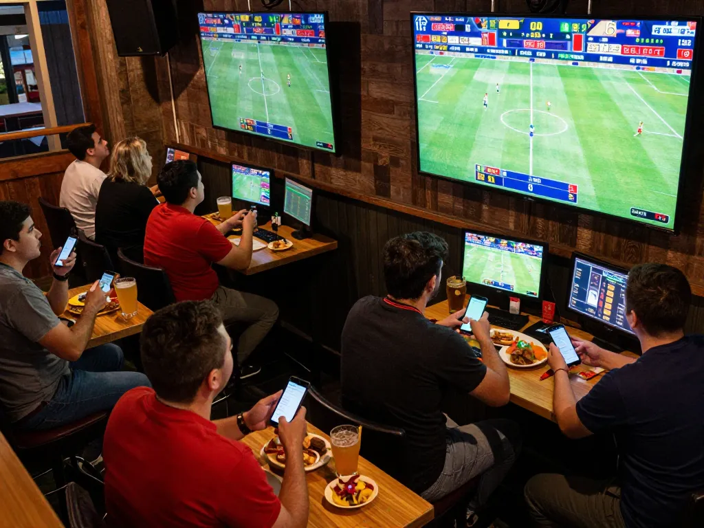 Sports enthusiasts placing bets on SC88 while watching live matches at a lively sports bar