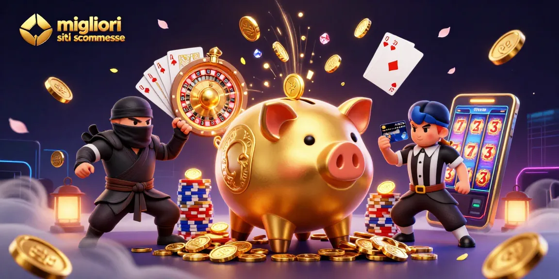 Migliori siti scommesse con un sumo piggy bank e ninja in un'illustrazione divertente e vivace di casinò.
