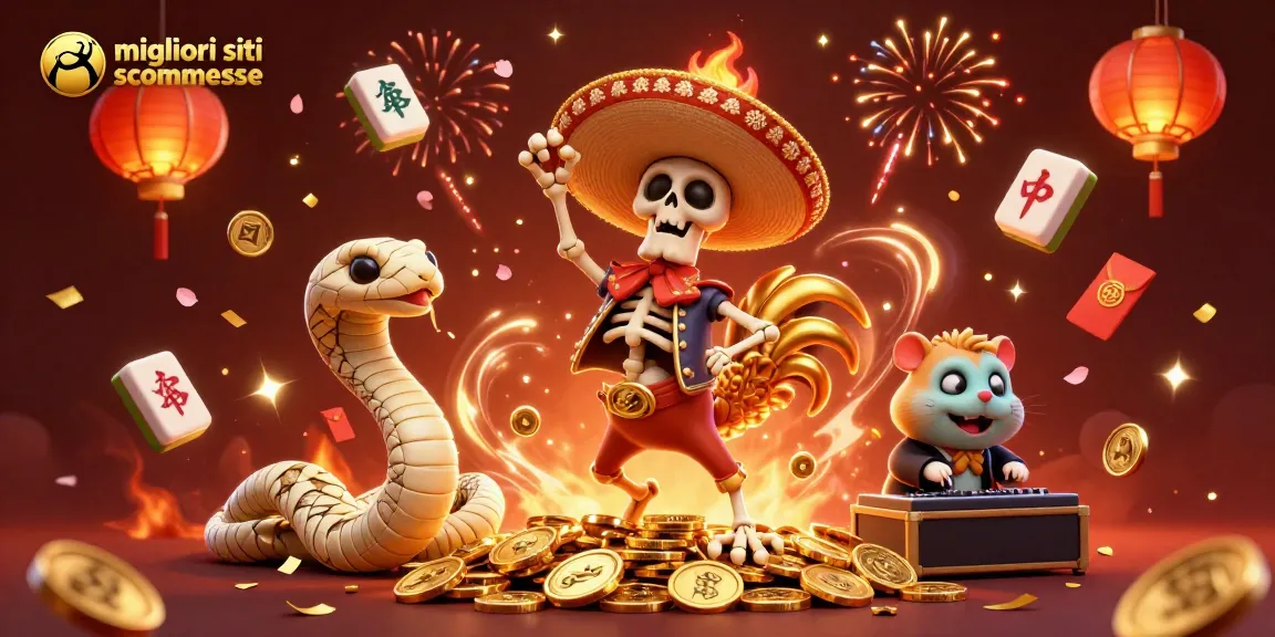 Scopri i migliori siti scommesse con grafiche vivaci e personaggi festivi in un'illustrazione coinvolgente.