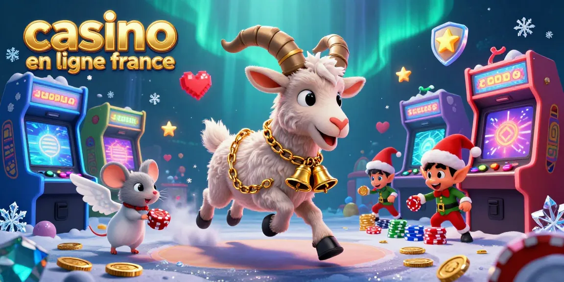 Une scène dynamique de casino en ligne France avec des personnages ludiques, des machines à arcade et des effets festifs.