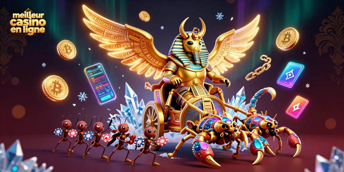 Jouez au meilleur casino en ligne avec un scarabée doré et des jetons de poker illuminés.