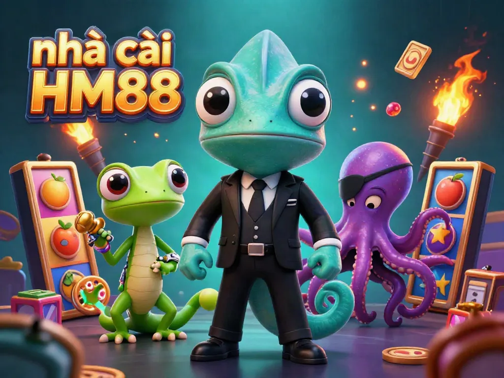 Play thrilling slots at nhà cái HM88 with vibrant characters, colorful reels, and golden gadgets.