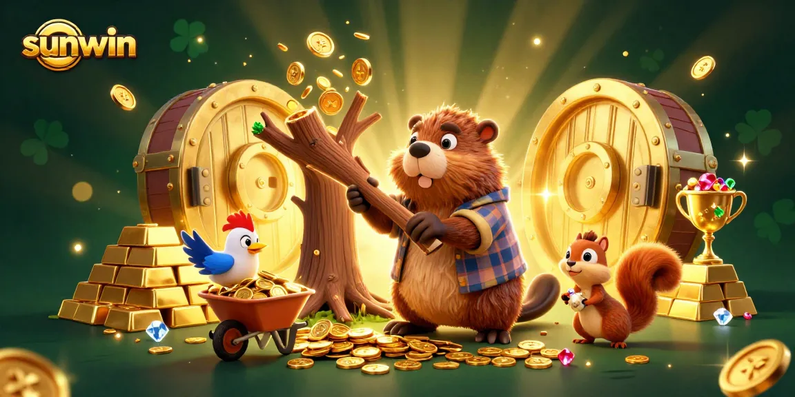 Experience sunwin's thrilling gaming with a beaver collecting golden coins and acorns in a vibrant casino scene.
