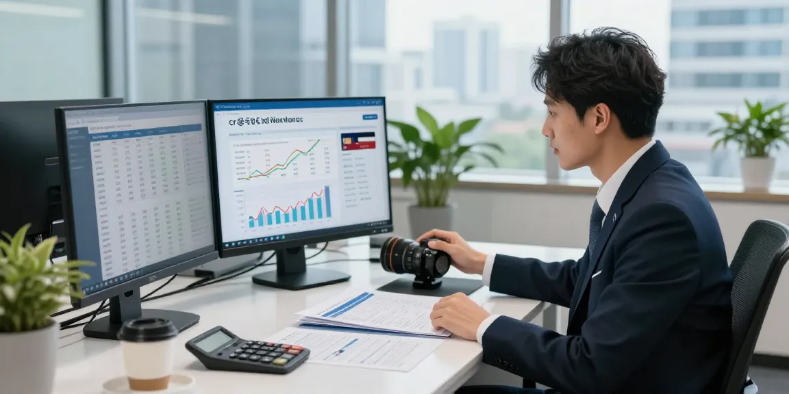 Professional consultant analyzing 신용카드현금화 services at a sleek desk with city view.
