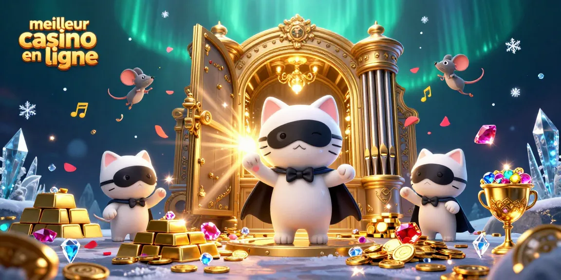 Profitez de l'expérience du meilleur casino en ligne avec une illustration de chat fantôme du carnaval entouré de trésors et de musique.