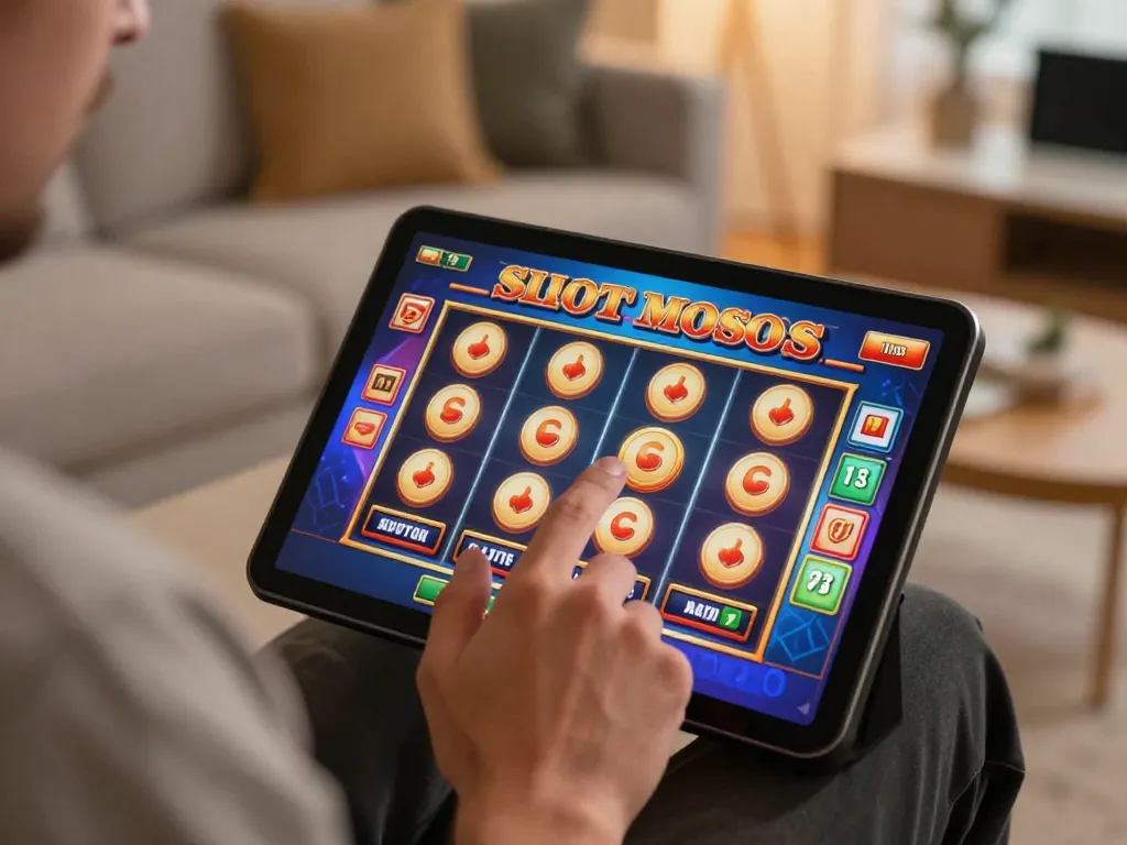 New member claiming a slot bonus at home, excitedly engaging with online gaming experience.