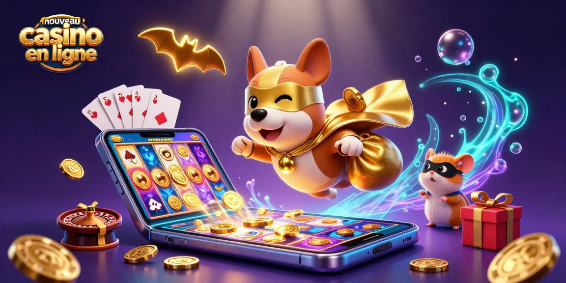 Illustration dynamique de "nouveau casino en ligne" avec un chien super-héros et un hamster, entourés de jeux de casino.