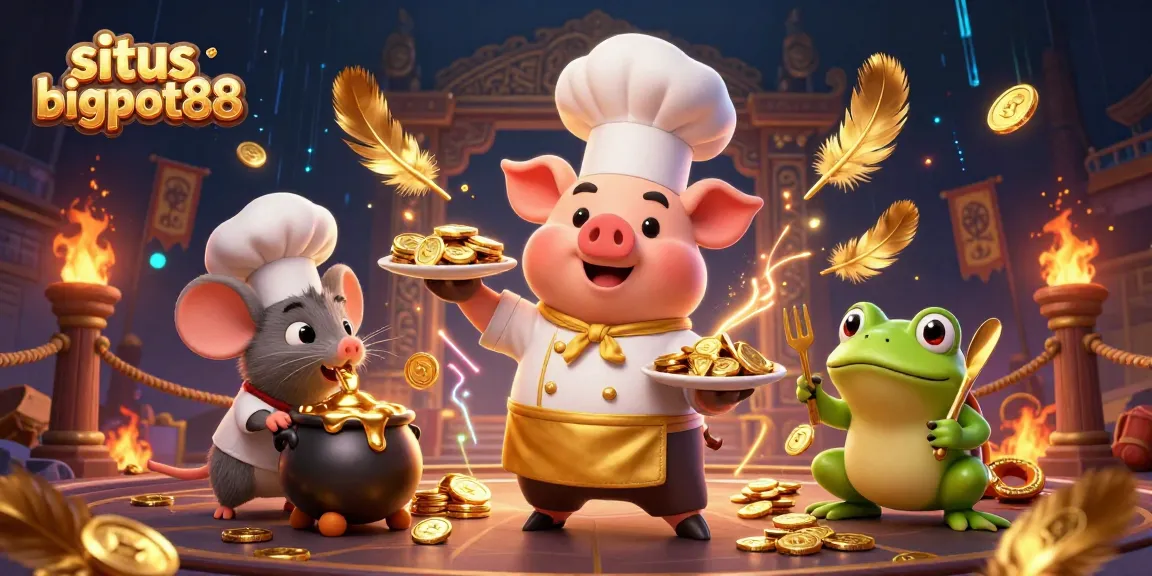 situs bigpot88 showcases treasure with a chef pig and friends in a lively 3D casino scene.