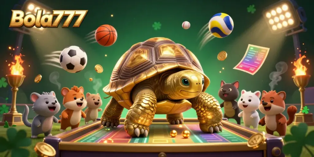 Menangkan hadiah dengan bermain di Bola777, mesin pinball kura-kura emas yang menyenangkan dengan pelbagai elemen olahraga.