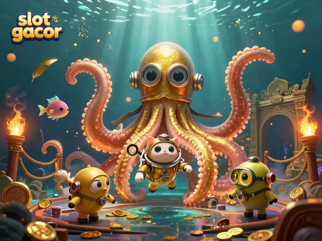 Experience slot gacor thrilling gameplay with stunning golden kraken and diving cat in a treasure-filled ocean scene.