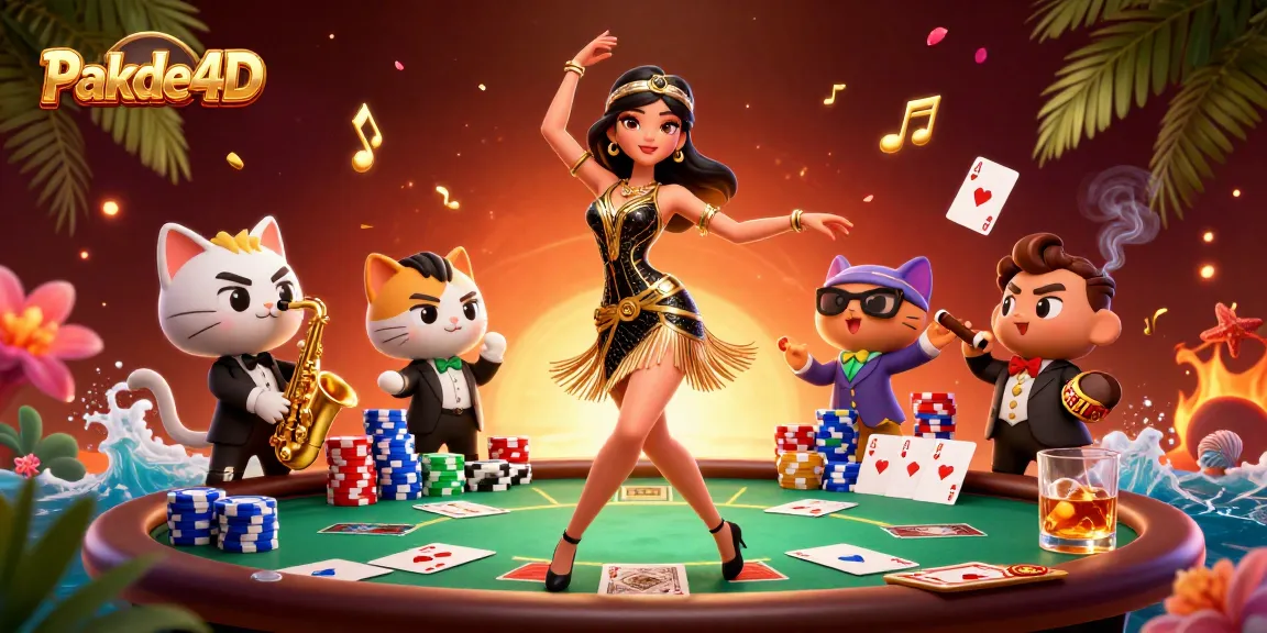 Engage with Pakde4D featuring a vibrant scene of a flapper dancer and saxophone-playing cat at a poker table.