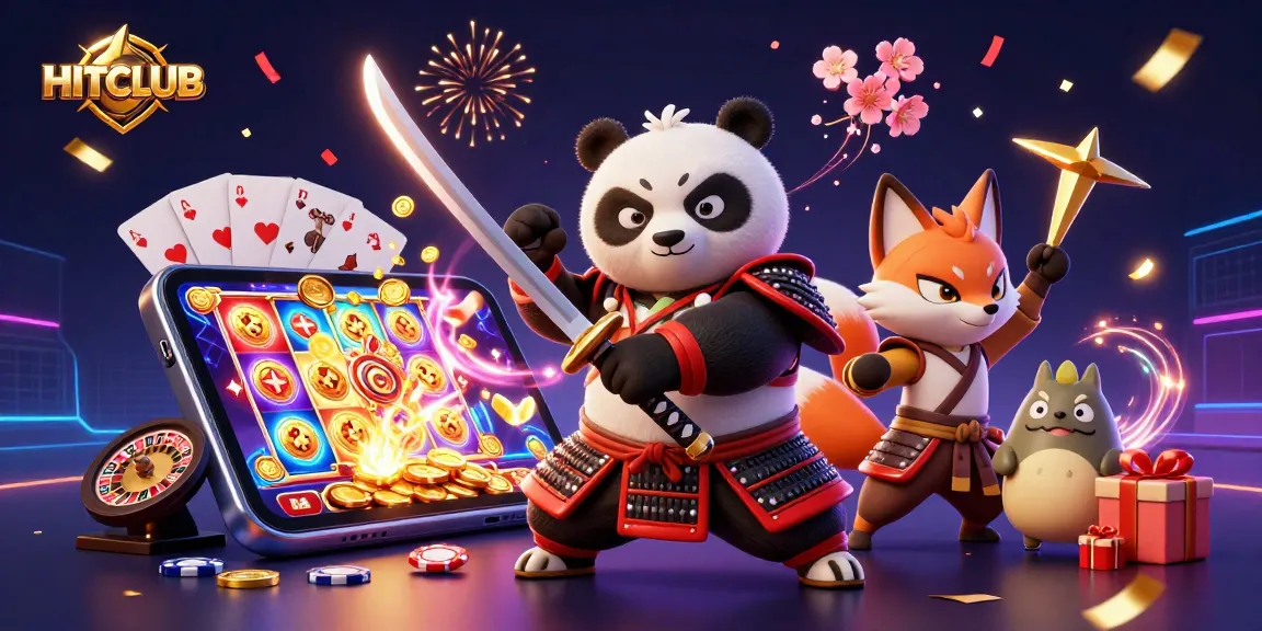 Experience HITCLUB's vibrant gambling world with an exciting 3D illustration featuring dynamic characters and casino elements.