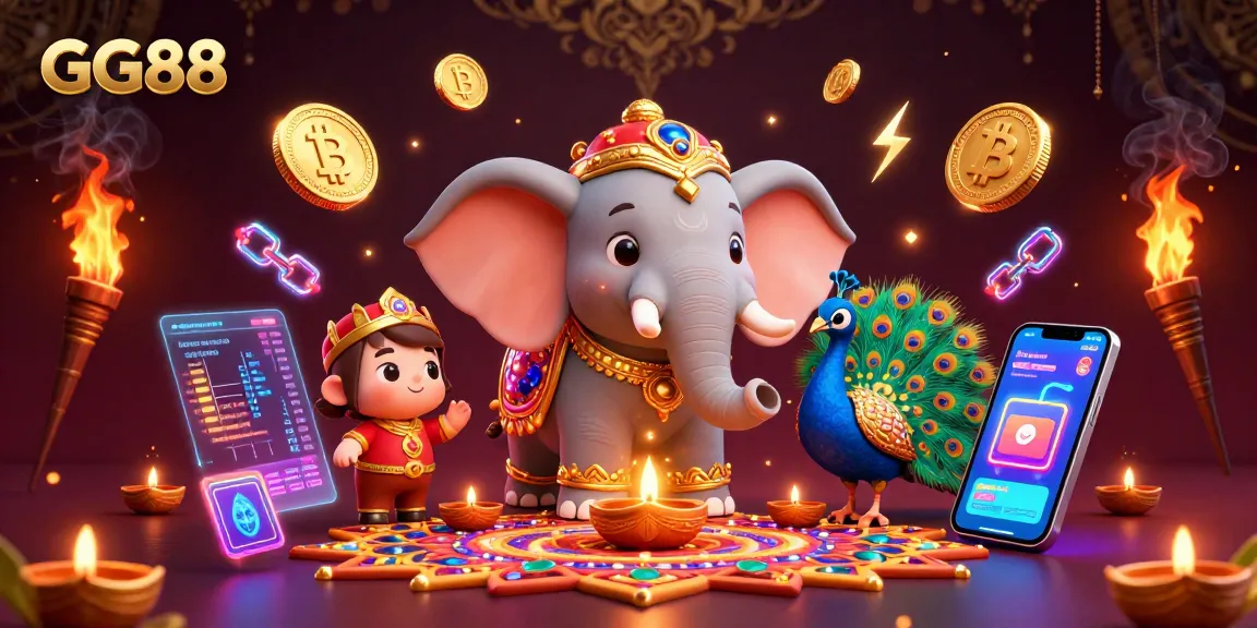 Experience thrilling gameplay at GG88 with a dazzling 3D cartoon scene featuring vibrant characters and crypto elements.
