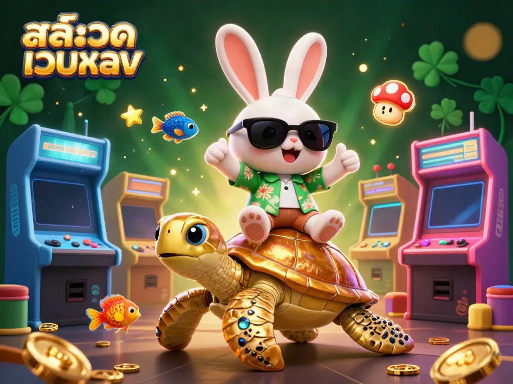 Experience the excitement of สล็อตเว็บตรง with a lucky rabbit and golden turtle in a vibrant casino scene.