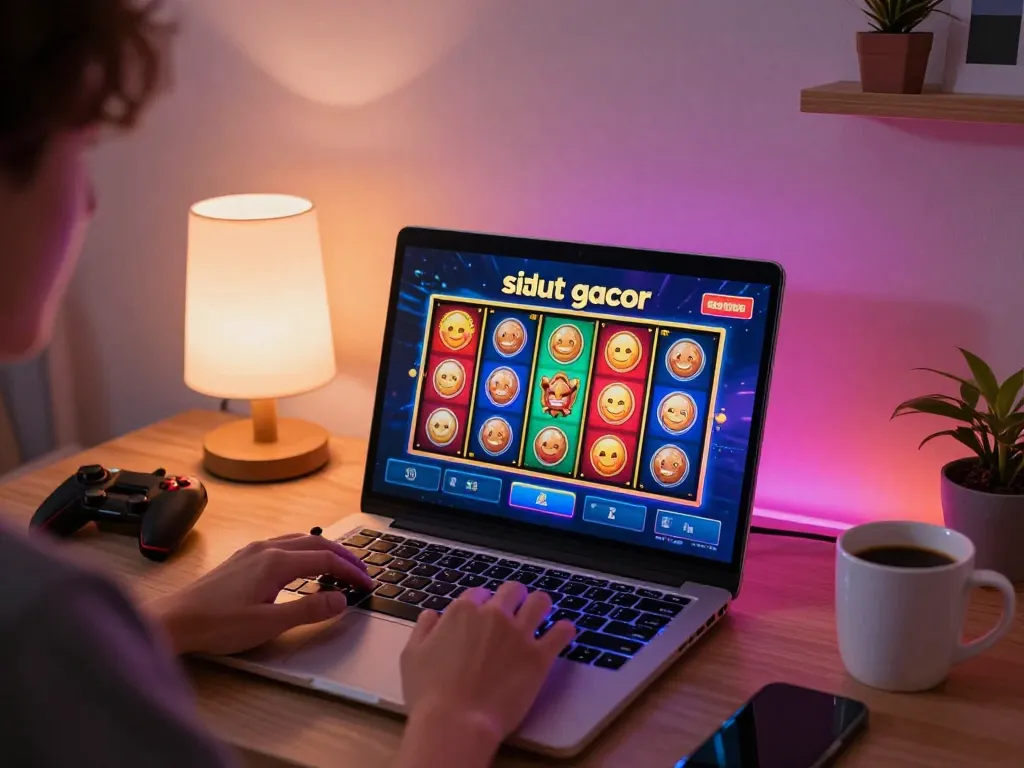 Engaging scene of online gaming with situs slot gacor on a laptop, showcasing vibrant slot reels and cozy atmosphere