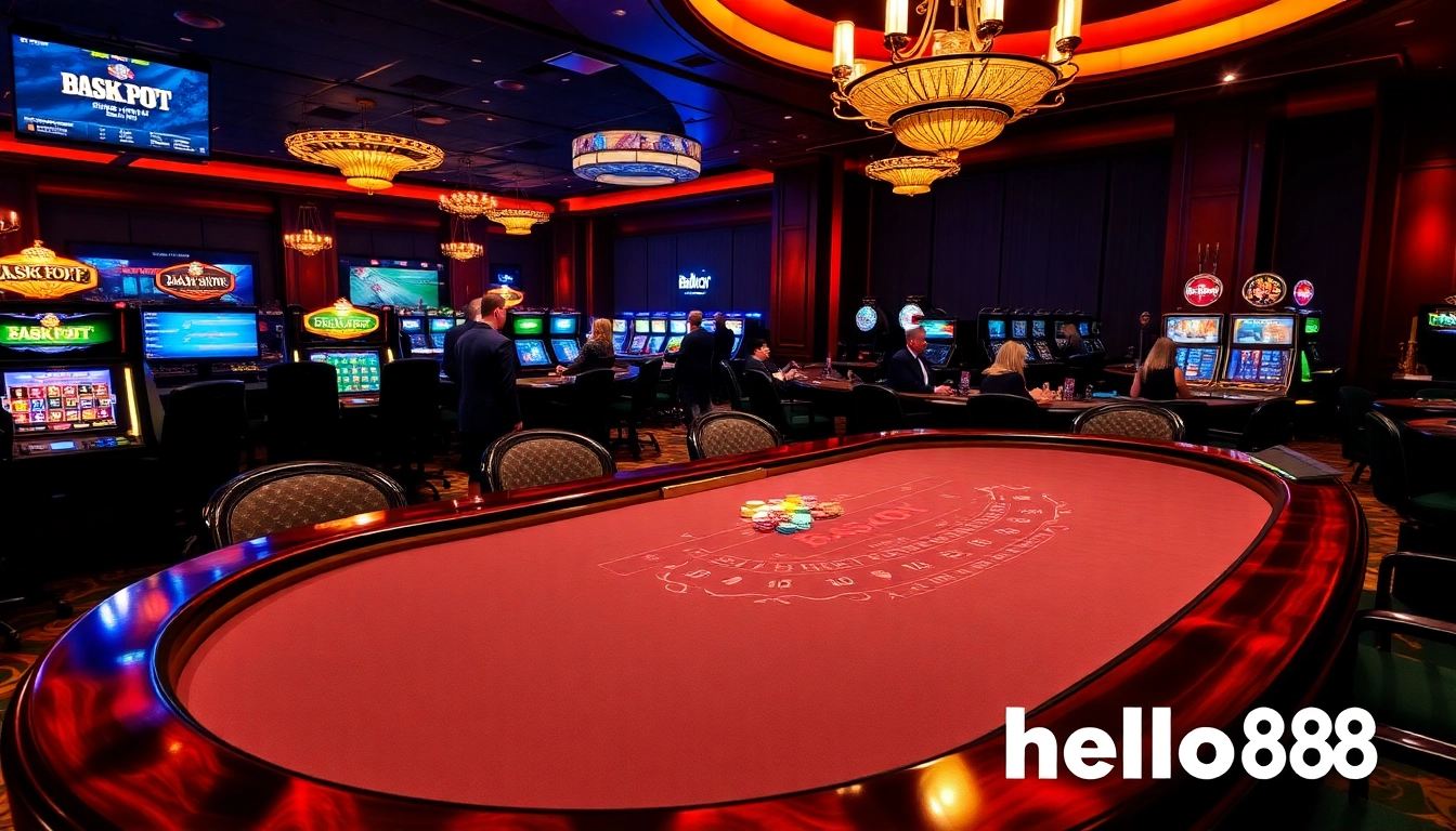 Experience the thrill of hello88 with a luxurious casino scene featuring vibrant tables and engaged players.