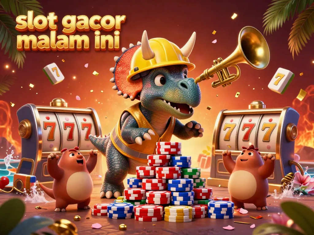 Menggoda peluang dengan slot gacor malam ini melibatkan triceratops dan parasaurolophus merayakan jackpot besar dalam ilustrasi 3D yang meriah.